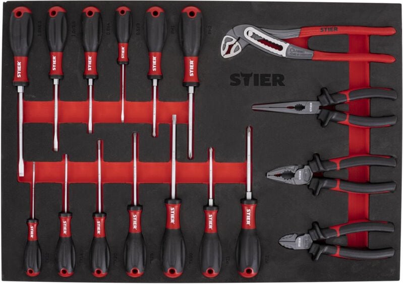 Schraubendreher & Zangensatz, 17-teilig, in Weichschaumeinlage, als Einlage für den Werkstattwagen, Chrom-Vanadium-Stahl...