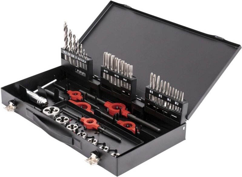 Gewindeschneid Set hssg, Gewindeschneidsatz, 45tlg, Metrisch M3-M12, Gewindebohrer & Schneideisen, Kernlochbohrer hssg, ...