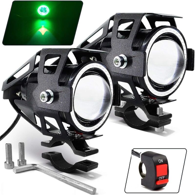 Motorrad-LED-Nebelscheinwerfer U7 Spotlight Tagfahrlicht mit Angel Eyes Halo-Ring und Schalter (2er-Set), Grün