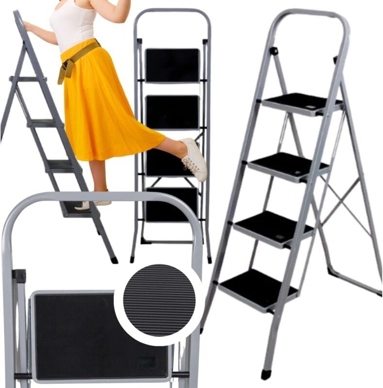 Klappbare Metallleiter für den Heimgebrauch, 4 Stufen, Plattform, grau, 150 kg