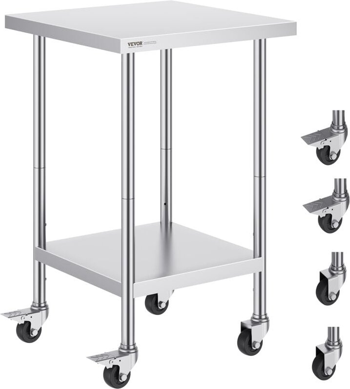 Arbeitstisch aus Edelstahl, 61 x 61 x 96,5 cm, Zubereitungstisch Gastro mit 4 Rädern, 3 einstellbaren Höhenstufen, Arbei...