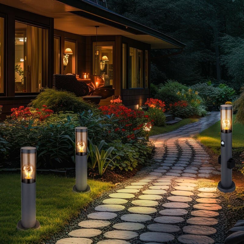 Sockelleuchte mit Steckdose und Bewegungsmelder Gartenlampe Wegeleuchte Außenstehlampe, Edelstahl anthrazit, Kunststoff ...