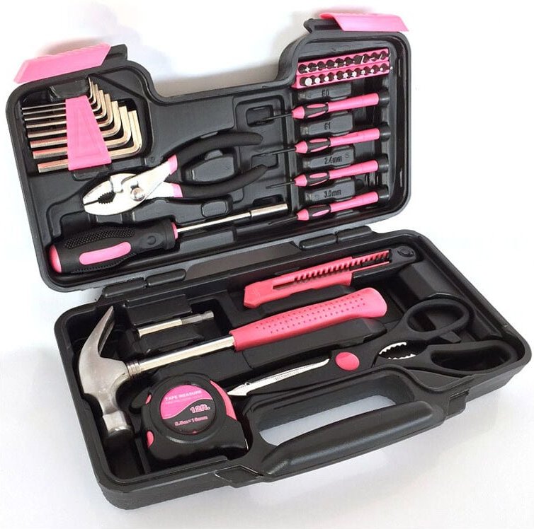 Thumbnail - 39-teiliger rosafarbener Werkzeugkasten für Frauen, komplettes und tragbares DIY-Set mit Zange, Hammer, Schraubendreher ...
