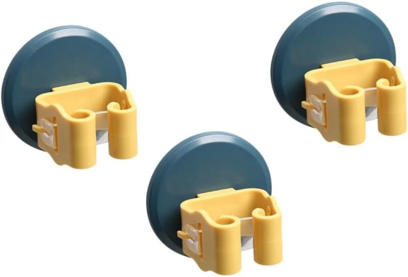 CCYKXA 3er-Set Wandhalterungen mit Saugnapf für Besen, rutschfest, mit Clips für Wischmopps und Mopps, blau und gelb, ke...