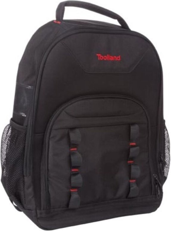 Toolland Werkzeugrucksack, Polyester, 4 Staufächer, herausnehmbarer Werkzeughalter, Kunststoff-Füße, Schwarz/Rot, 38 x 5...