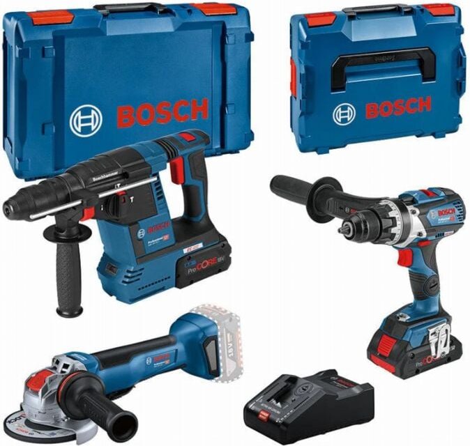 Bosch - Packung mit 3 18-V-Werkzeugen – Locher – Bohrschrauber – Schleifmaschine – – mit 1 18-V-Akku 4,0 Ah + 1 Akku 8,0...