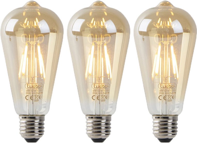 Luedd - 3er Set E27 led Lampen ST64 gold mit Hell-Dunkel Sensor 4W 400lm 2200K