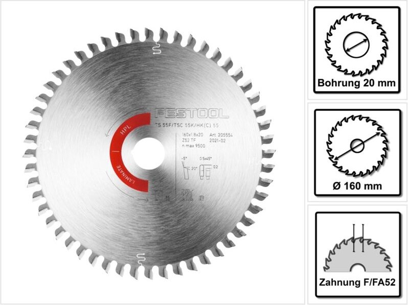 Spezial-Sägeblatt hw 160x1,8x20 TF52 Laminate/HPL – 205554 - Festool