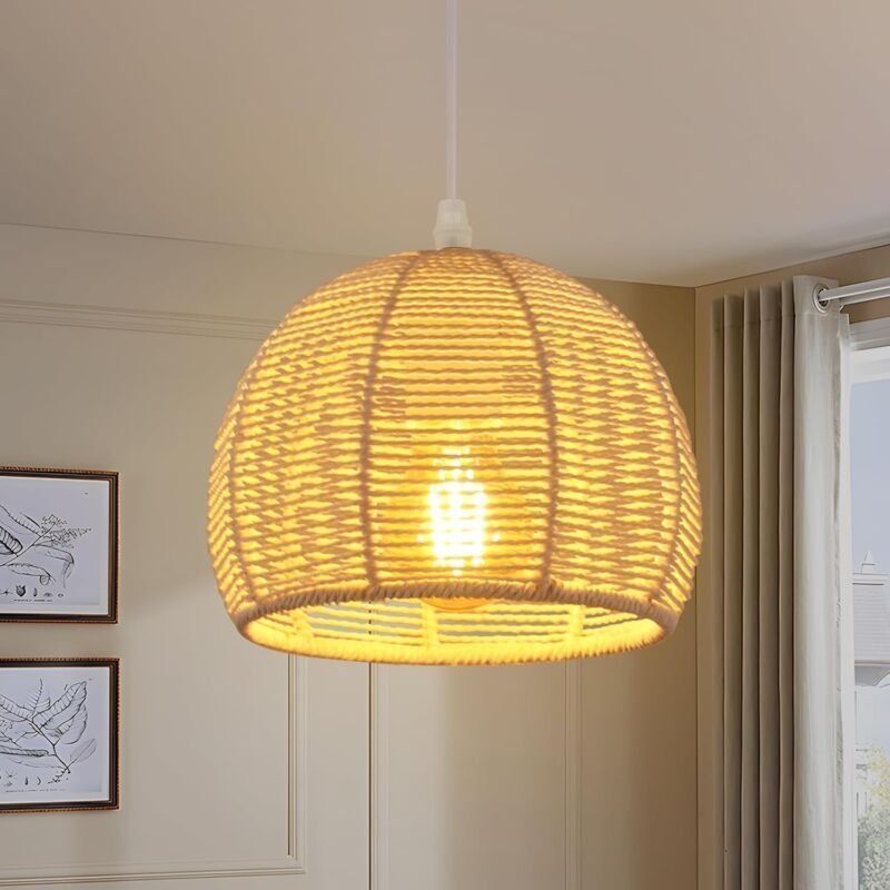 COMELY Retro-Pendelleuchte, Boho-Pendellampe mit Rattanschirm, E27-Hängelampe in Weiß für Restaurant, Wohnzimmer, Schlaf...