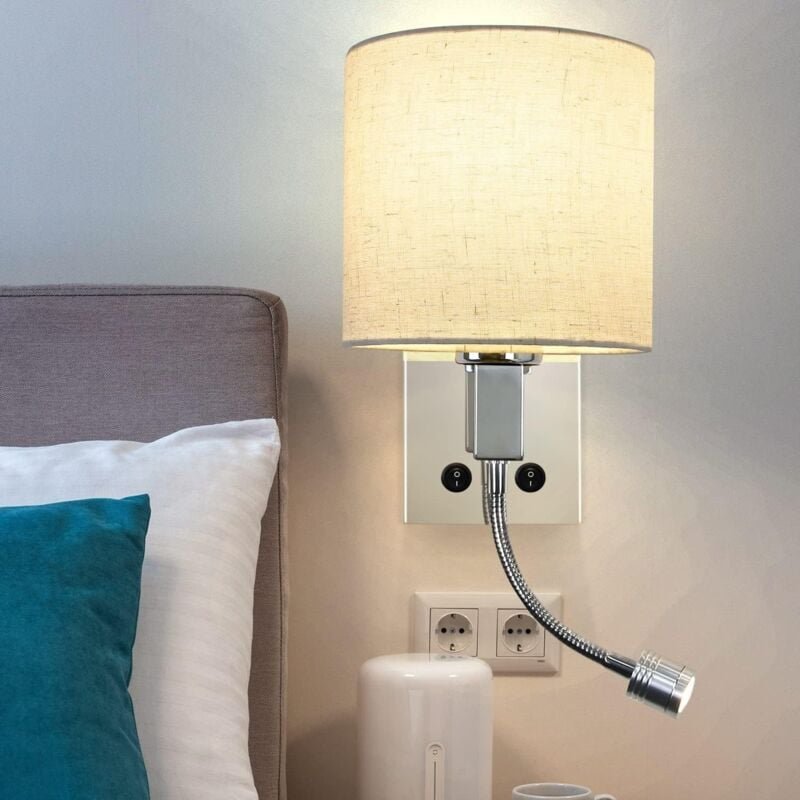 Led Wandlampe mit Schalter Wandleuchte innen - Leselampe Schlafzimmer Stoffschirm Schwenkbar Bettleuchte Leseleuchte Mit...