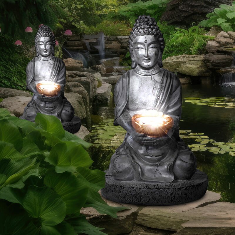 Solarleuchte Buddha Gartendeko Feng Shui Buddha Solarlampe, grau, 1x 0,06 Watt, DxH 18x28 cm, 2er Set