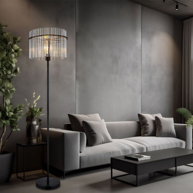 Stehlampe Stehleuchte Deckenfluter Schlafzimmerleuchte Wohnzimmerlampe schwarz Glasstäbe rauchfarben, Metall, 1x E27, Dx...