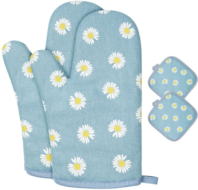 Memkey - Ofenhandschuhe, 1 Paar Baumwoll-Ofenhandschuhe mit 2 Topflappen, waschbare Ofenhandschuhe, rutschfeste Küchenha...