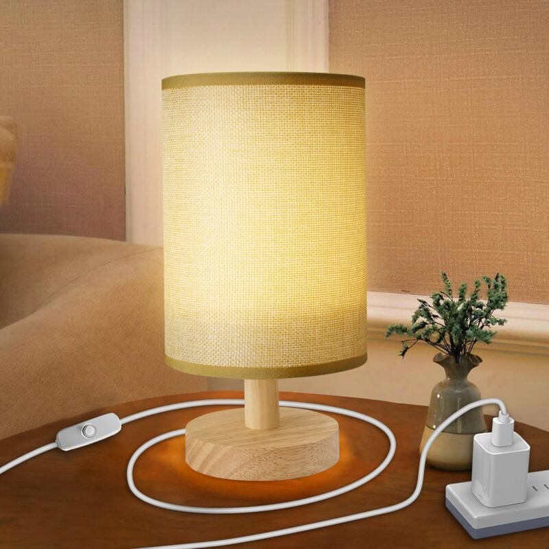 Thumbnail - Nachttischlampe Tischlampe Holz, Ultrixe LED Nachttischlampe mit Leinen Lampenschirm, Warmweiß, 1,5 m Schalterkabel, für...