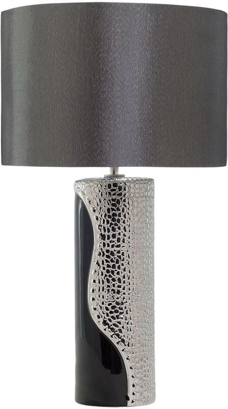 Tischlampe Schwarz und Silber Porzellanfuß Stoffschirm Schwarz Kabel mit Schalter Moderner Minimalistischer Glamouröser ...