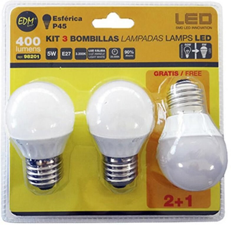 EDM - Kit mit 3 sphärischen LED-Lampen E27 5 w 400 lm 3200 k warmes Licht Ø4,5 x 8 cm
