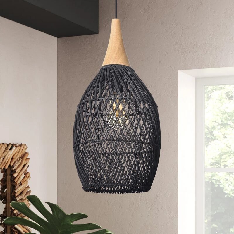 JOYINLED Kronleuchter, Pendelleuchte aus handgeflochtenem Rattan in Naturschwarz im rustikalen Vintage-Stil für Zuhause,...