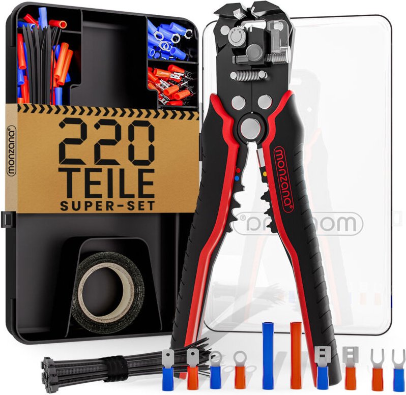 Monzana - Abisolierzange 3in1 Set 220-teilig Zubehör Box 0,2-6mm² Stahl Automatisch Isolierband Kabelbinder Elektro Werk...