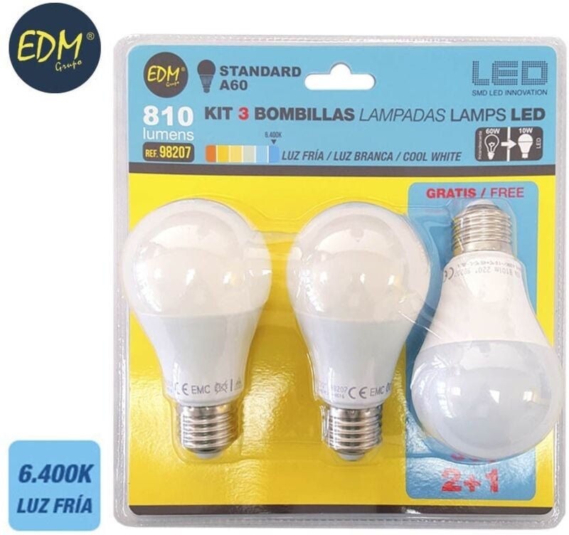 EDM - Kit mit 3 Standard LED-Lampen E27 10 w 932 lm 6400 k Kaltlicht Ø6 x 10,8 cm
