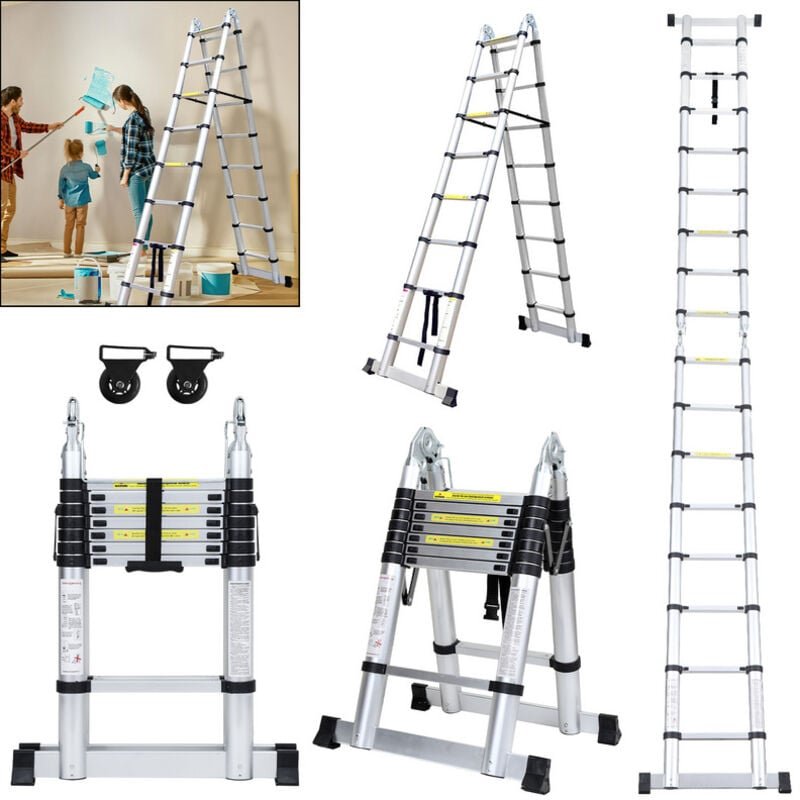 Thumbnail - Vingo Teleskopleiter Ausziehleiter Klappleiter Stabil Aluminium Stehleiter bis 150kg 2,5m+2,5m Silber ohne haken Mit Sta...