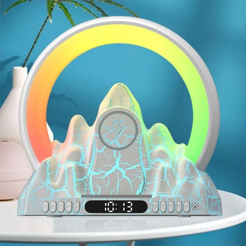 Nachttischlampe mit 15W Ladefunktion und Bluetooth Lautsprecher Dimmbares 7-Farben Sunset Lamp mit Einschlafhilfe durch ...