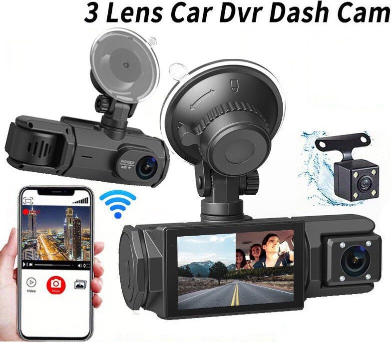 4K WiFi Dashcam Auto Vorne Hinten Innenraum, 64G SD-Karte, 2160P+1080P+1080P FHD 3-Kanal Dashcam, Dreifache 360°-Autokam...
