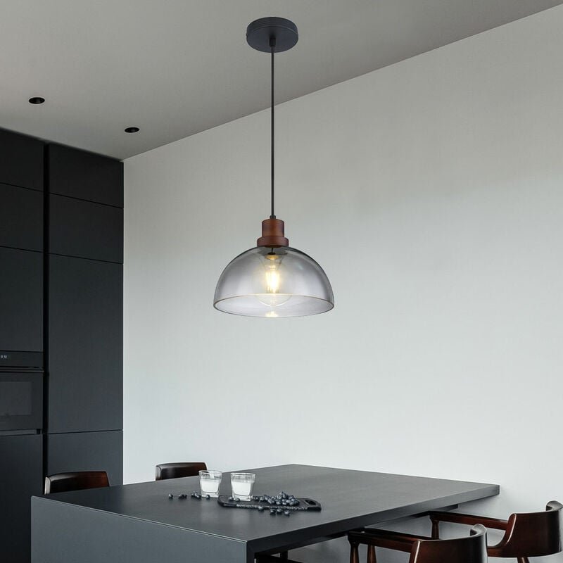 Hängelampe Holzlampe Glasschirm Pendelleuchte Hängeleuchte Wohnzimmerlampe, Metall Glas, schwarz braun, 1x E27, DxH 25x1...