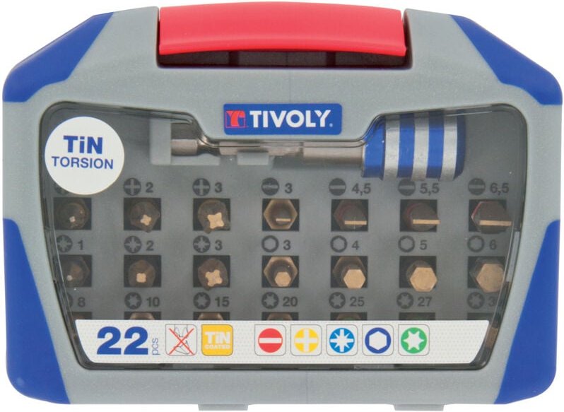 Box mit 22 Stück tin Torsion-Schraubendreherbits, enthält 3 pz, 3PH, 7TX, 4HEX, 4FE, 1 Bithalter - Tivoly