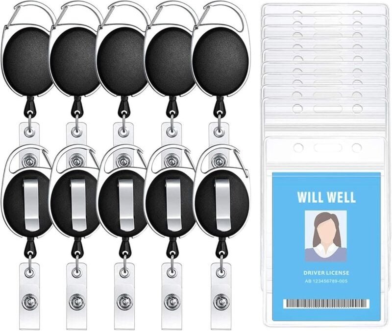 KZQ - 10er-Pack robuste, einziehbare Ausweishalter mit Karabinerhaken und transparenten Ausweishaltern im vertikalen Sti...