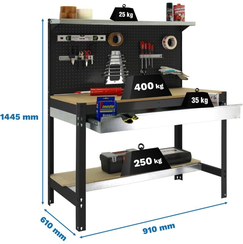 Simonrack Werkbank aus robustem Anthrazitmetall mit Holzoberfläche