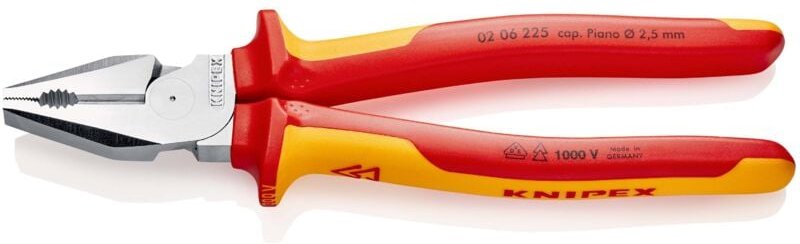 KNIPEX 02 06 225 Kraft-Kombizange isoliert mit Mehrkomponenten-Hüllen, VDE-geprüft verchromt 225 mm