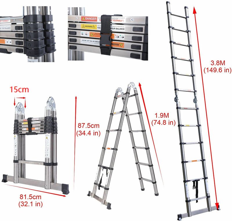 Teleskopleiter Klappleiter 3,8M(12.5FT) mit Stabilisator, Rutschfester Stehleiter 1,9M+1,9M Leiter aus hochwertigem Edel...