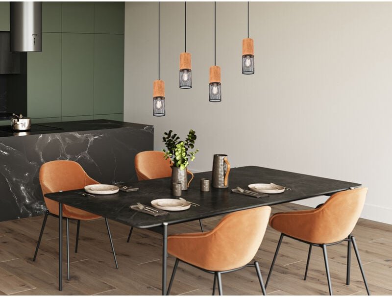 Trio Leuchten - led Pendelleuchte 4-flammig mit Lampenschirmen Schwarz & Holz, Breite 65cm