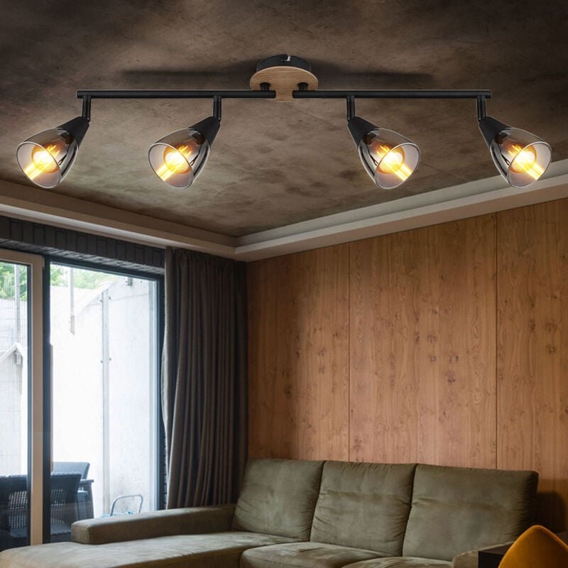 Deckenleuchte Deckenlampe Wohnzimmerleuchte Esszimmerlampe Schlafzimmerleuchte, Metall schwarz Holz braun Glas rauchfarb...