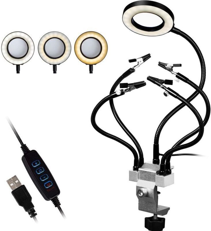 Multifunktionale Löthilfe mit 5 flexiblen Armen, verstellbarer Klemme, 3-facher Vergrößerung und 3-stufiger LED, geeigne...
