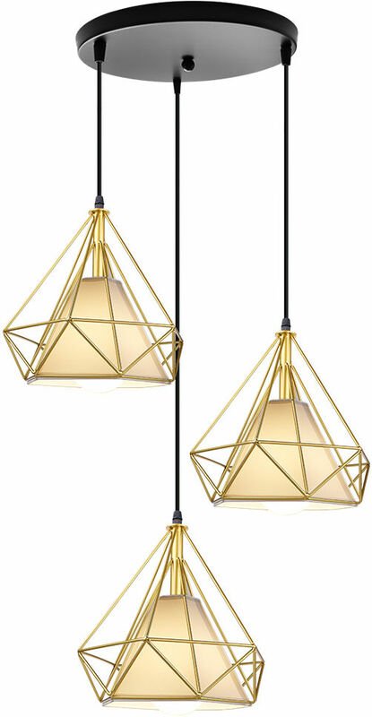 Pendelleuchte 3 Flammig Hängelampe, Ø25cm Diamant Form, mit Käfig für Wohnzimmer Schlafzimmer Esszimmer Küche Gold