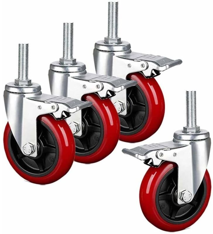 Roulettes pivotantes tige M16, Ø 3/4/5 pouces, double verrouillage, frein, polyuréthane résistant usure