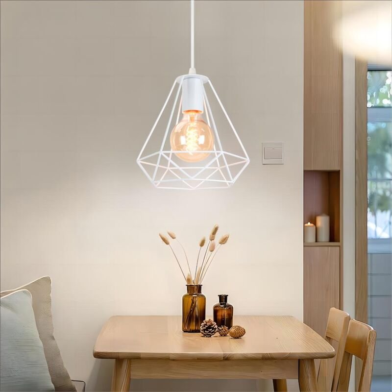 Pendelleuchte Hängelampe mit Käfig Ø20cm Diamant Lampen im Industri Stil für für Wohnzimmer Esszimmer Weiß 1PCS