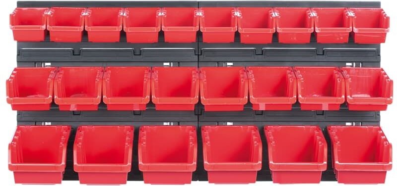 Werkzeugwand Regal Tafel Lagersystem set Stapelkästen Werkzeughänger, Version: KOR2, 26 teilig - Kistenberg