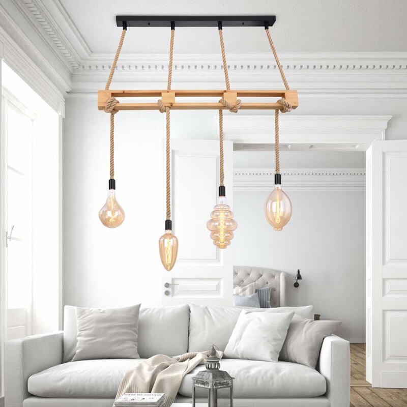 Hängeleuchte Holz Esszimmerleuchte Balken Hängelampe Holzleuchte Hanfseil, natur, 4x E27 Fassungen, LxBxH 120x10x120cm