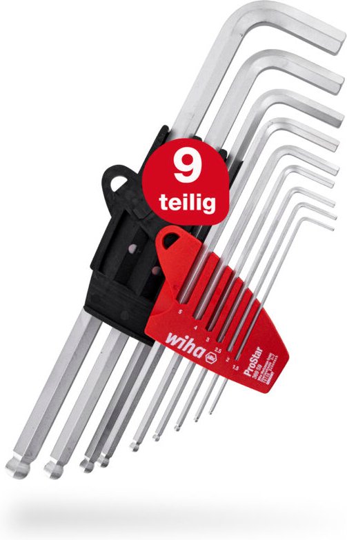 Wiha - Stiftschlüssel Set mit ProStar Halter (07185) 9tlg. Innensechskant Satz mit Kugelkopf Innensechskantschlüssel 1,5...