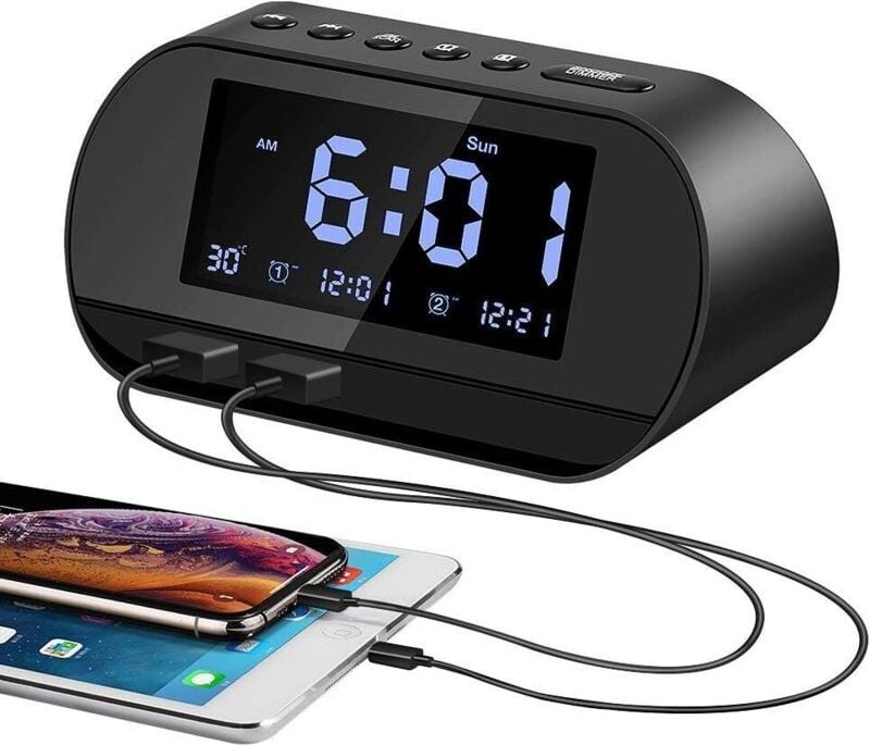 Radiowecker, Digitaluhr mit UKW-Radio, zwei USB-Ladeanschlüsse, zwei Alarme, Schlummerfunktion, einstellbare Helligkeit,...