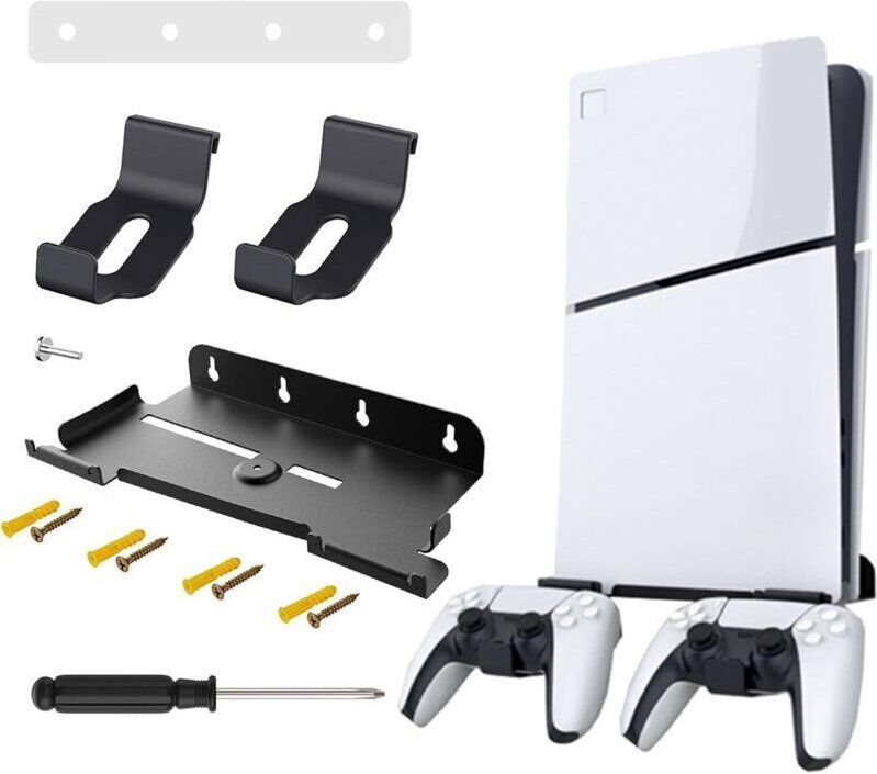 1 Stück PS5 Slim Wandhalterung, Wandhalterung mit 2 Controller-Halterungen, PS5 Wandregal (Disc und Digital Edition), Wa...