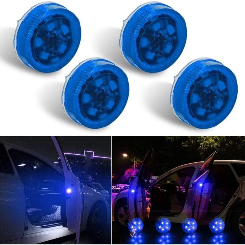 4 Stück Universal Wireless Autotür led Warnleuchte Sicherheitslicht Blitzlichter für Auffahrunfälle (Blau)