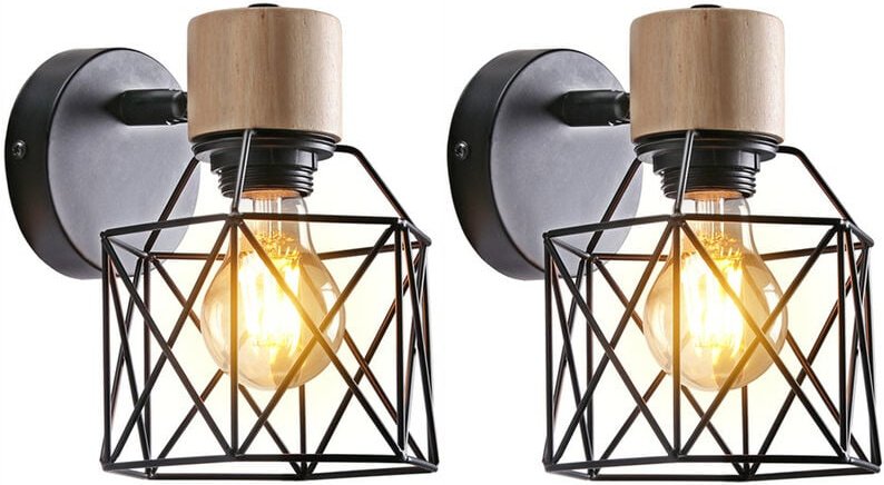 Thumbnail - 2 Stückee Retro Deckenleuchte Holz Eisen Käfig Lampenschirm E27 Wandleuchte für Wohnzimmer Schwarz