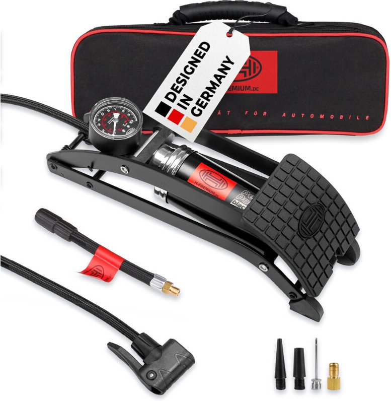 HEYNER® Premium-Fußluftpumpe 10 bar + Tasche & Adapter BlackEdition PedalPower PRO