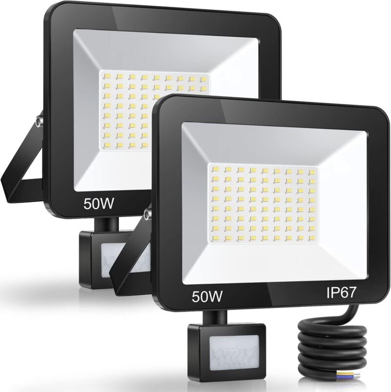 50W LED Außenstrahler Bewegungsmelder 2er Pack, IP67 Wasserdichter LED Strahler mit Sensor, 5000LM 7000K Kaltweiß Außenb...
