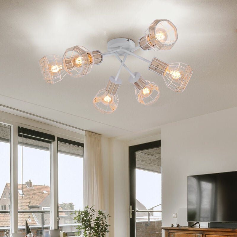 Deckenleuchte Strahler 6 Flammig Spotleuchte Käfigschirme Deckenlampe weiß Bast, Metall, natur, 6x E27 Fassungen, DxH 70...