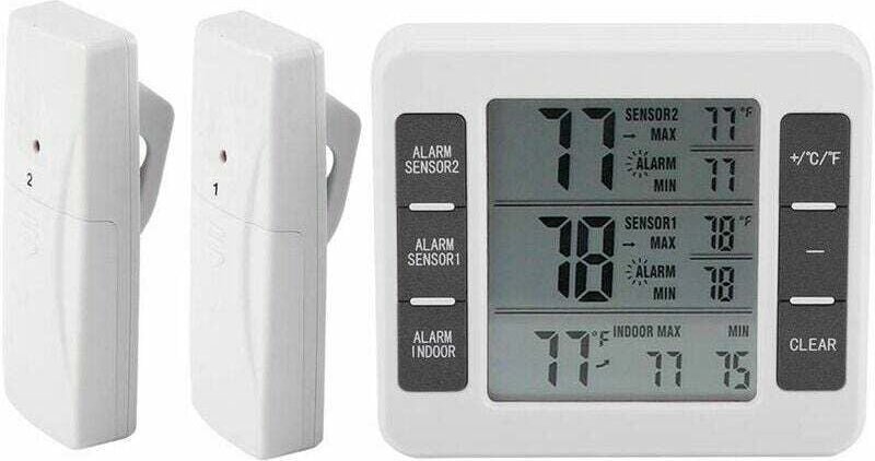INHHUB Digitales Kühlschrank- und Gefrierschrankthermometer mit akustischem Alarm und kabellosem Sensor, Min/Max-Anzeige...