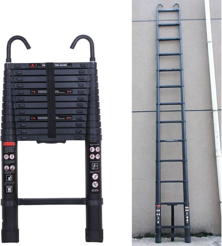 6,2m Teleskopleiter Ausziehleiter mit Abnehmbarem Haken für Wohnmobil/Dachboden/Büro/Warenhaus Mehrzweckleiter (Schwarz)